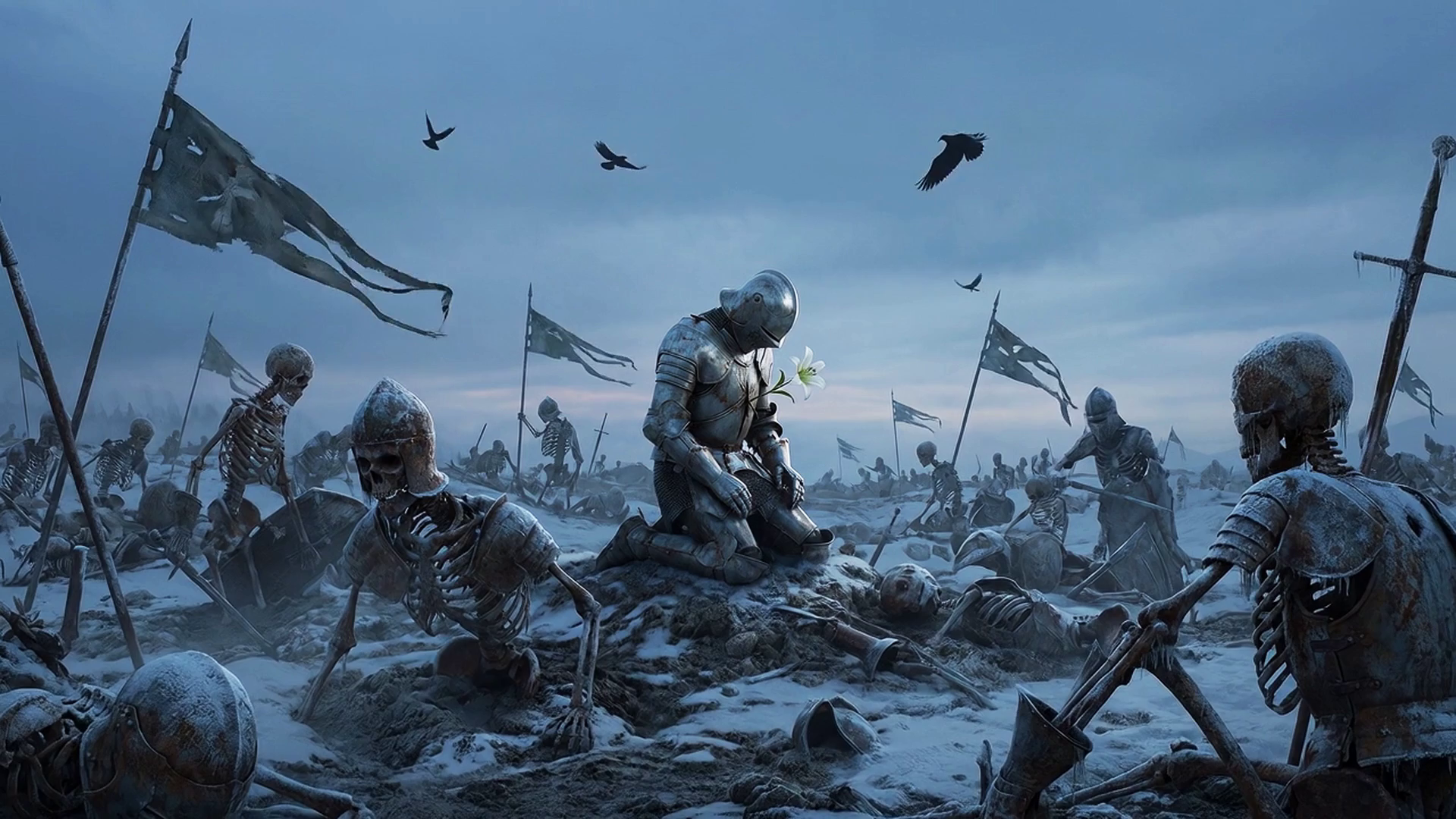 A mythic battlefield scene with armored figures and cold blue light.