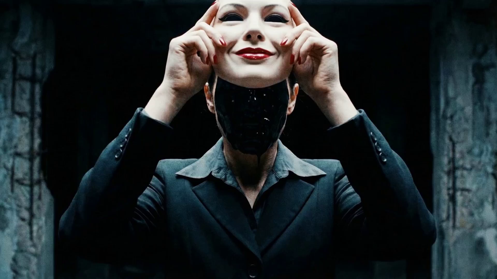 A masked figure in a tense horror-leaning cinematic frame.